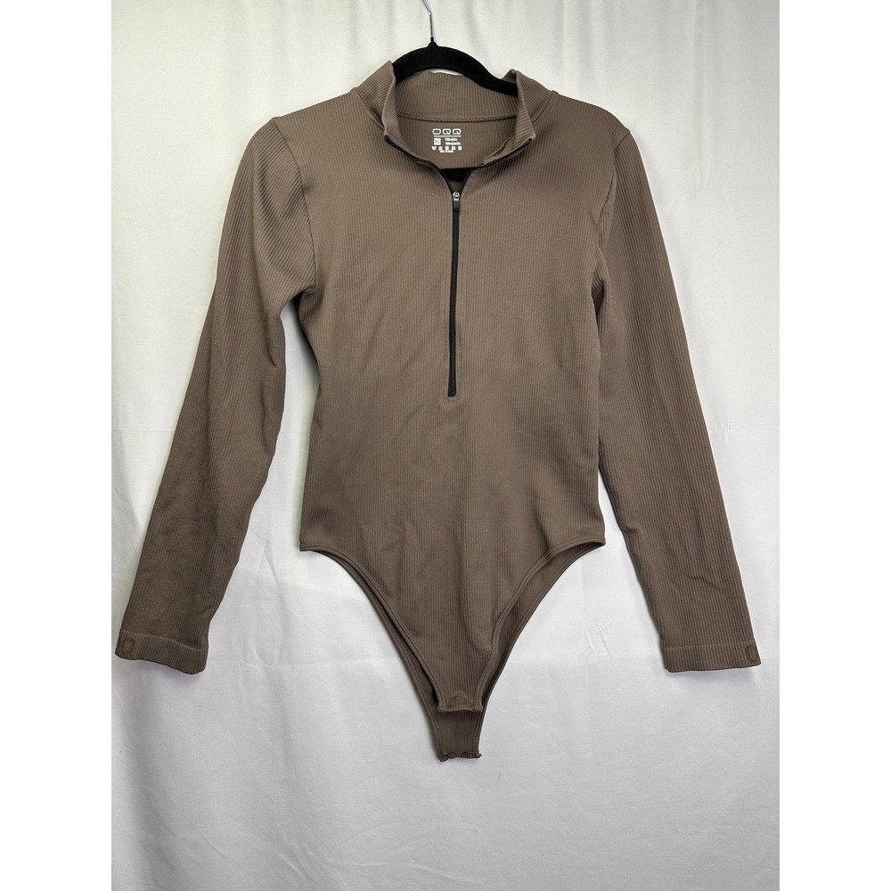 OQQ Bodysuit Brown Ribbed Quarter Zip Mock Neck‎ Long Sleeve Athleisure